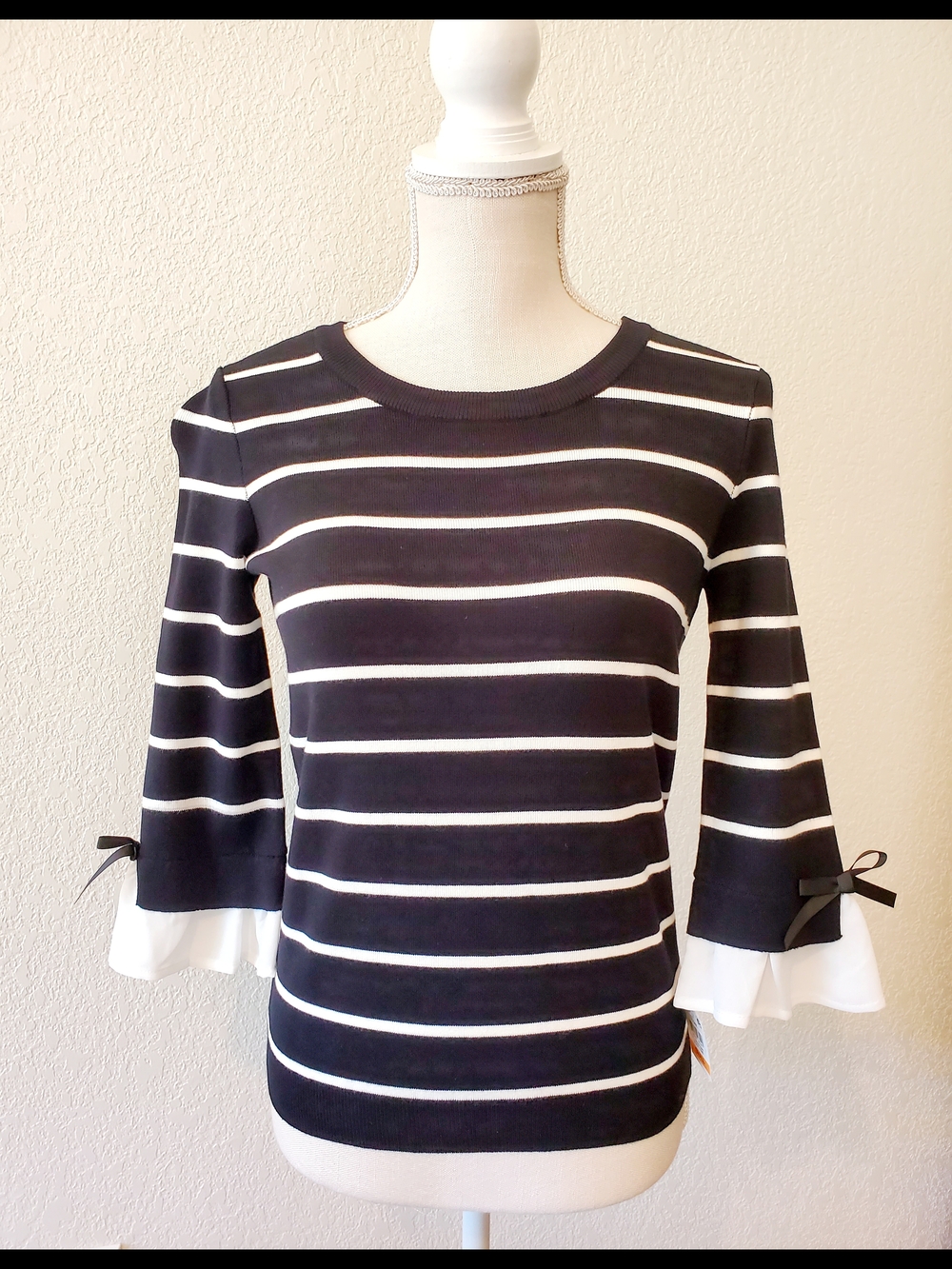 Maison Jules Black and White Striped Bow Sleeve Knit Top